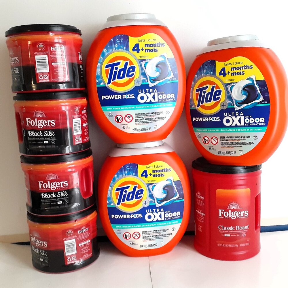 LOT OF 5 FOLGERS + 3 TIDE ALL EMPTY CONTAINERS -[PLS. SEE LISTING]